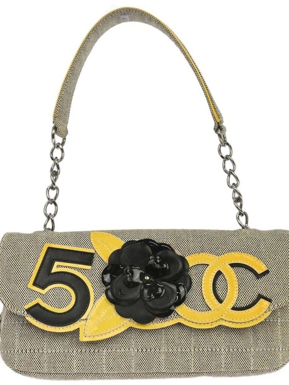Chanel Black Yellow Canvas Camellia No.5 CC Handbag 168396